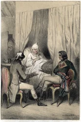 Louis Antoine Fauvelet de Bourienne (1769-1834), diplomatico e amministratore francese, e il generale Napoleone Bonaparte (1769-1821) chiedono denaro a un vecchio capitalista malato per la campagna d