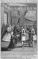 Louis Basile Carre de Montgeron offre il suo libro su Diacono Francois de Paris e i convulsionari di Saint-Medard al re Luigi XV, 1737