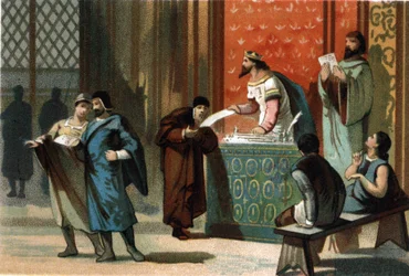 Luigi VI detto il Grosso (1081-1137) diede le carte postali dei comuni. Cromolitografia intorno al 1890.