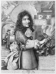 Luigi XIV (1638-1715) che schiaccia la cosiddetta religione riformata protestante con la sua spada, 1685