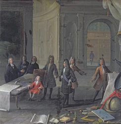 Luigi XIV assiste a una lezione del suo pronipote, il futuro Luigi XV, c.1715