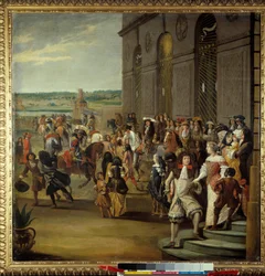 Luigi XIV seguito dal Gran Delfino a cavallo davanti alla grotta di Teti a Versailles