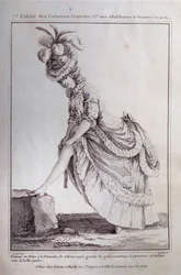 Moda di Luigi XVI: ritratto a figura intera di una giovane donna in un abito polacco in taffetà a righe. Incisione del 1778. Parigi, arti decorative