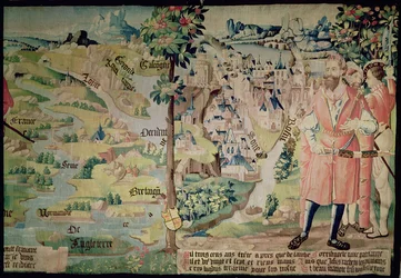 Lugdus (1672-21 a.C.) davanti a una rappresentazione della Città di Lione, officina di Arras, c.1530