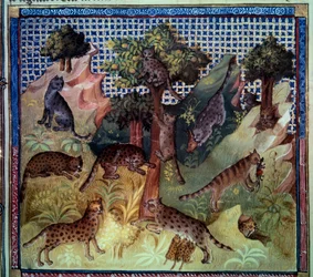 Linci selvatiche nelle montagne. Miniatura dal "Libro della caccia" di Gaston III Phoebus, Conte di Foix, Signore di Bearn (1331-1391)