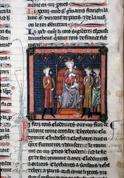 MS.782 Childeric II (c.650-675), Clodomir (c.495-524) e forse Teodorico, rappresentati sotto la protezione del Re Clotario I (c.497-561), seduti su un trono, miniatura dalle Cronache di Saint-Denis