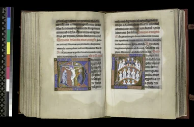 MS 300 f.198v-199r, Suffragio alla Croce e Suffragio agli Angeli, dal Salterio e Ore di Isabella di Francia, Parigi, c.1265-70 (penna e inchiostro e tempera su pergamena)