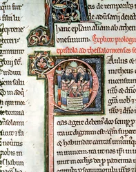 MS 3 Fol. 291v La fuga di San Paolo da Damasco, lettera iniziale illuminata P, XIII secolo, dalla Bibbia di Avranches