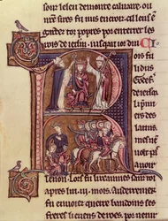 Iniziale istoriata R che raffigura il re Baldovino I delle Fiandre (1171-1205) incoronato come imperatore latino nel 1204 e la sua generosità verso una donna turca che manda via il suo bambino