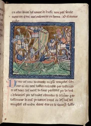 Pagina di testo con illuminazione di una battaglia navale, dal De Re Militari, c.1270