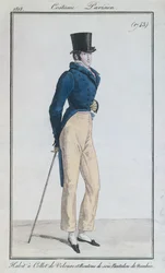 Abito da uomo con colletto di velluto, bottoni di seta e pantaloni di nanchino, 1816