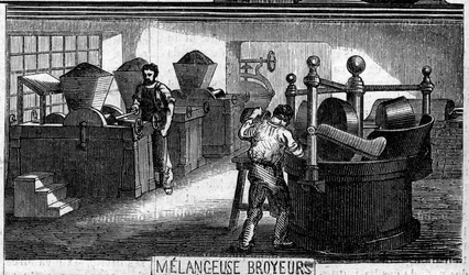 Fabbricazione del cioccolato: macchine per mescolare e macinare. Fabbrica di M. Masson, Parigi