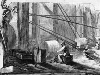 Fabbricazione di fucili: lucidatura dei cilindri di ferro con ruote di pietra. Incisione in "Le Monde Illustré" n.35 del 12 dicembre 1857
