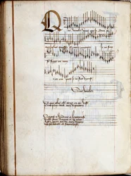 Pagina di manoscritto di una raccolta di spartiti di canzoni francesi. 15° secolo