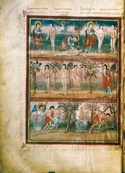 Pagina di manoscritto che rappresenta episodi della vita di Adamo ed Eva: creazione di Adamo ed Eva. Il peccato originale. Espulsione dal Paradiso (miniatura)