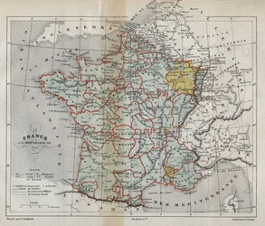 Mappa della Francia alla morte di Luigi XIV nel 1715 - incisione in "Histoire de France" di Victor Duruy - 1882