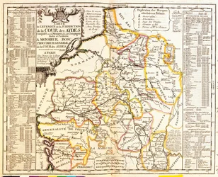 Mappa dei territori francesi sotto tassa, 1709, da Le Theatre du Monde di Jean-Baptiste Nolin, pubblicato nel 1717 (incisione colorata a mano)