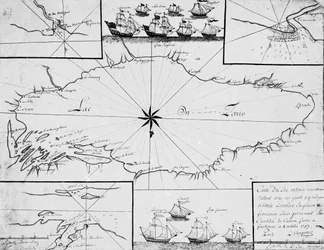 Mappa del Lago Ontario con le flotte inglesi e francesi