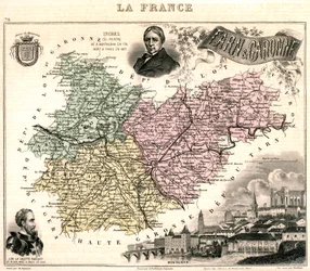 Mappa di Tarn-et-Garonne con una vista di Montauban e ritratti di Ingres e Jean Parisot de La Valette