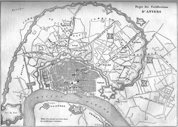 Mappa della città di Anversa (Belgio) nel 1859; rappresentante il progetto delle nuove fortificazioni. Incisione in “Le Monde Illustré” n°128 del 24 settembre.