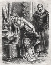Margherita di Valois (1553-1615), conosciuta come Regina Margot, nasconde Julien de Leris, il suo amante, in una cassaforte. Suo marito, il re Enrico IV di Francia (1553-1610), osserva la scena divertito. XVI secolo. Incisione del 1871 in "Histoire Des Coc