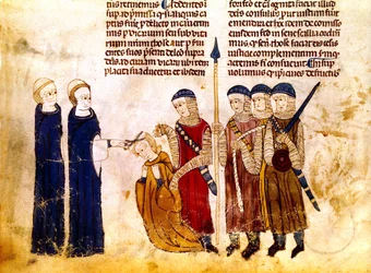 Margherita di Borgogna (1290-1315), moglie del re francese Luigi X, si fa tagliare i capelli per adulterio (pergamena)