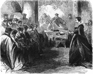 Maria Stuarda (1542-1587) durante il suo giudizio nel 1587. In "Histoire de la France", incisione del XIX secolo.