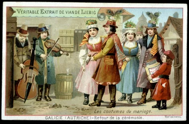 Usanze matrimoniali: ritorno della cerimonia in Galizia, Austria - cromolitografia. Liebig, v. 1895