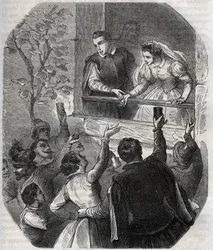 Matrimonio di Martin Guerre (circa 1524) e Bertrande de Rols ad Artigat (Ariège) il 15 maggio 1539. Incisione del 1871 in "Histoire Des Cocus Célèbres" di Henry de Kock (1819-1892).