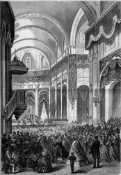 Messa di Tutti i Santi celebrata nella chiesa di Saint Nicolas du Chardonnet a Parigi, decorata come San Pietro di Roma per la canonizzazione dei martiri del Giappone. 1862. Incisione in 