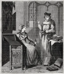Matthieu Lansbert (Lansberg, Lansbergh, Laensberg o Laensbergh) (XV-XVI secolo) e sua nipote - Incisione in 