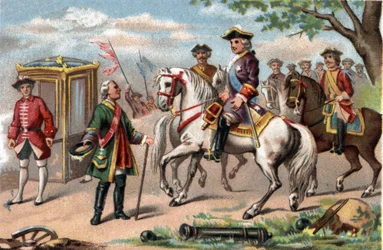 Maurizio di Sassonia, maresciallo di Sassonia (1696-1750), vittorioso nella battaglia di Fontenoy, incontrò Luigi XV di Francia (1710-1774). Cromolitografia intorno al 1890