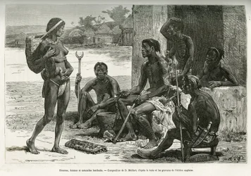 Uomini, donne e utensili (regione Bihe, Ruanda). Incisione di D. Maillart, per illustrare la storia di come ho attraversato l