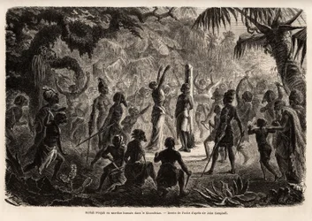 Meriah Pujah o sacrificio umano, Khondistan (Indie inglesi). Disegno di Fuchs, per illustrare lo studio di Major John Campbell sui sacrifici umani nelle Indie inglesi.