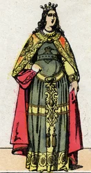 Ritratto della regina Clotilde, moglie di Dagoberto III (699-715). Immagine di Epinal della fine del XIX secolo. Collezione privata.