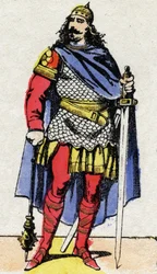 Dinastia Merovingia: Ritratto di Carlo Martello (ca. 688-741) maggiordomo di palazzo dal 737 al 741. Immagine di Epinal della fine del XIX secolo. Collezione privata.