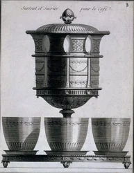 Lavoro in metallo: set da caffè con cucchiai e portazucchero, 1780-96