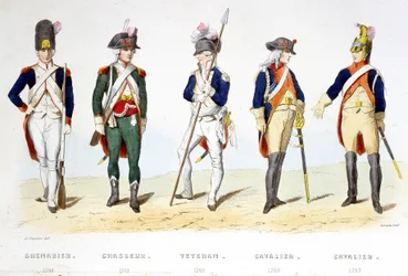 Uniforme militare sotto la rivoluzione 1789: granatiere (1789), cacciatore (1789), veterano (1789), cavaliere (1789), cavaliere (1793) - in 