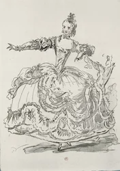 Miss Puvigne come La Statua Vivente, in Pigmalione, un libretto di Lamotte, composto da Jean-Philippe Rameau, 1748 (incisione a colori)