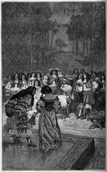 Molière e la sua troupe recitano davanti al Re Luigi XIV e al Cardinale Giulio Mazzarino. Incisione in 