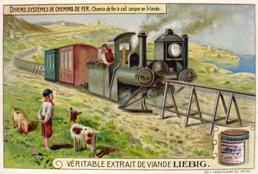 Treno monorotaia in Eire, carta pubblicitaria promozionale per Veritable Extrait de Viande Liebig