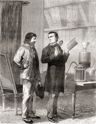 Moritz von Jacobi, a destra, scopre la galvanoplastica o elettrotipia nel 1838, da Les Merveilles de la Science, pubblicato c.1870 (incisione)