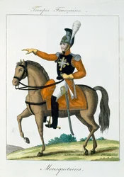 Moschettiere a cavallo, da Troupes Francaises, pub. chez Basset, Parigi, c.1790