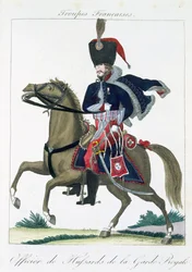 Ufficiale a cavallo degli Ussari della Guardia Reale, da Troupes Francaises, pub. chez Basset, Parigi, c.1790
