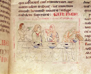 Ms.1215 t.3 fol.158v, Pasto con Giuditta e Oloferne, dalla Bibbia di Etienne Harding, 1109