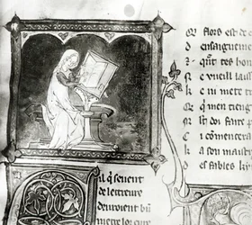 Marie de France (fl. XII secolo) che scrive, da un