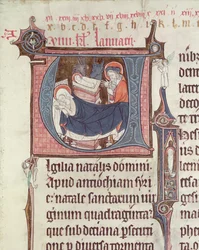 Ms.838 fol.55 Iniziali istoriate U e I che raffigurano la Natività e il Bambino Cristo, da Obituaire de Notre Dame de Pres, dopo il 1270