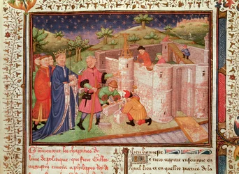 Ms 1015 fol.1 Costruzione di un castello, da Gouvernement des Rois et des Princes