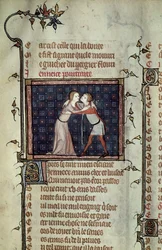 Ms 1126 fol.8r Giovinezza e Amore che si abbracciano, da Le Roman de la Rose di Guillaume de Loris e Jean de Meung
