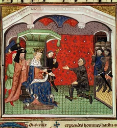Ms. 1142 fol.4 Bertrand du Guesclin (c.1320-80) davanti a Carlo V (1338-80) e la sua corte